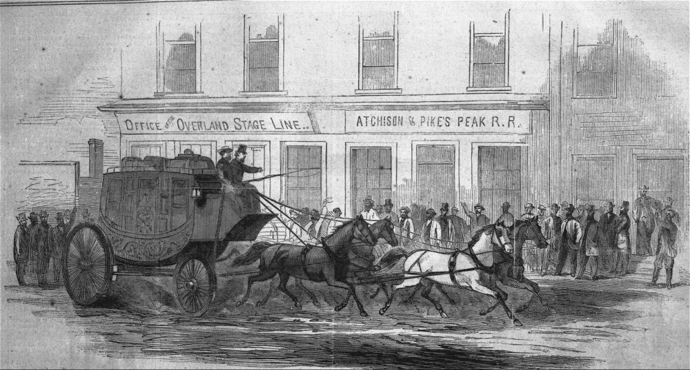 A drawing of a Butterfield Overland mail coach copied from Harper's Weekly, January 27, 1866.